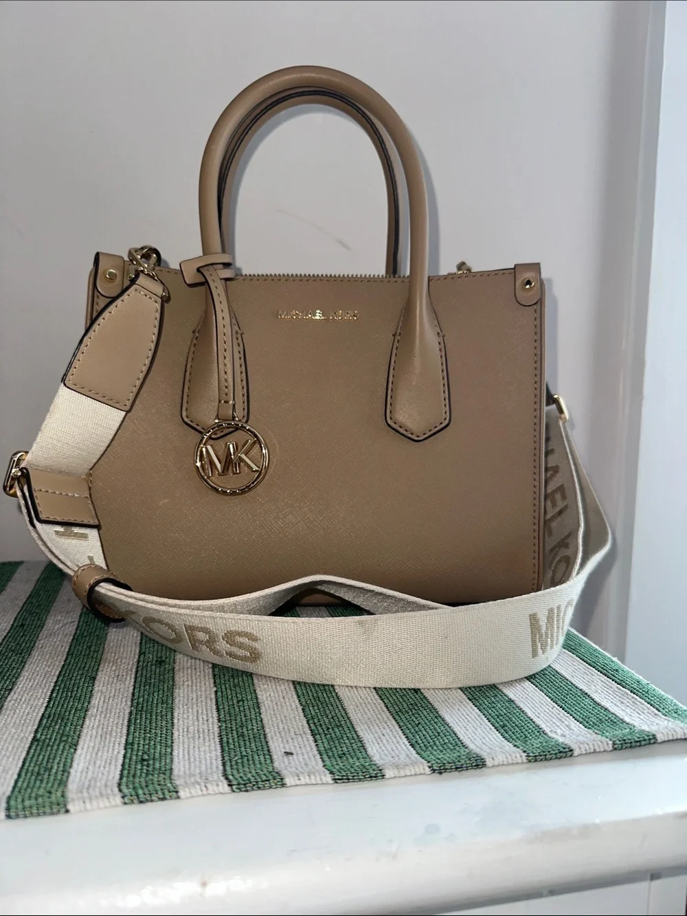 Michael Kors Saffiano Leather Satchel in Beige with Gold Hardware
